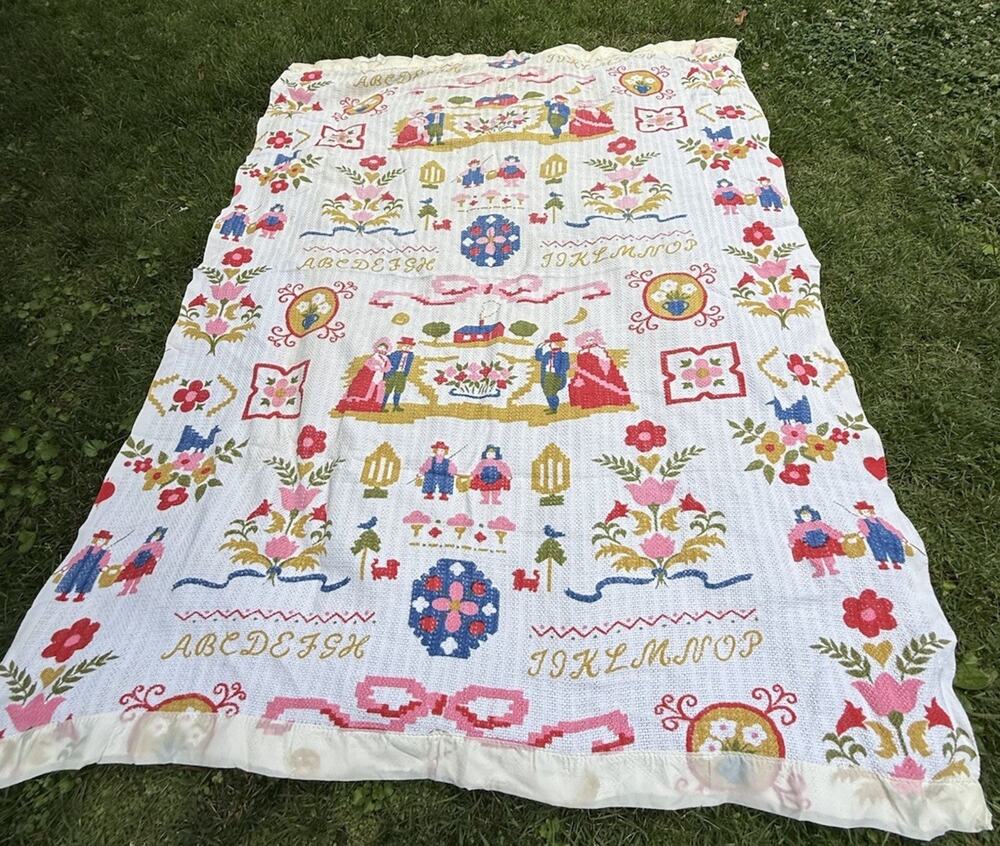 Amazing 1950’s Satin Trim Blanket American Dutch Style Sampler Style 80” EUC